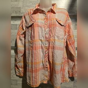 Columbia Women's Button-Down Plaid Shirt in Peach, Coral & Yellow